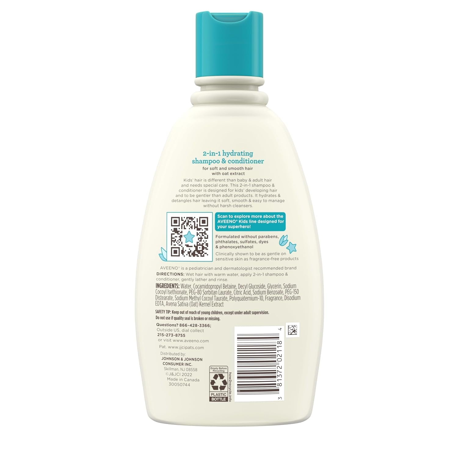 Aveeno Kids 2-In-1 Hydrating Shampoo & Conditioner, Gently Cleanses, Conditions & Detangles Kids Hair, Formulated with Oat Extract, for Sensitive Skin & Scalp, Hypoallergenic, 12 Fl. Oz