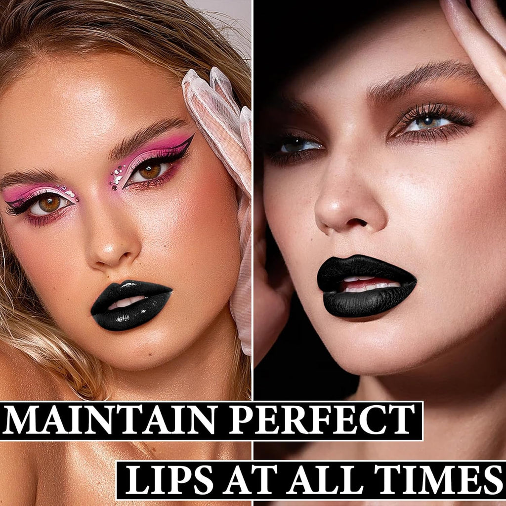 Black Matte Liquid Lipstick,3 in 1 Black Lip Liner and Lipstick Set,Matte Lip Gloss Long Lasting Moisturizing Velvet Lipgloss Make up Gift Set Cosplay Goth Halloween Special Effects Makeup Kit