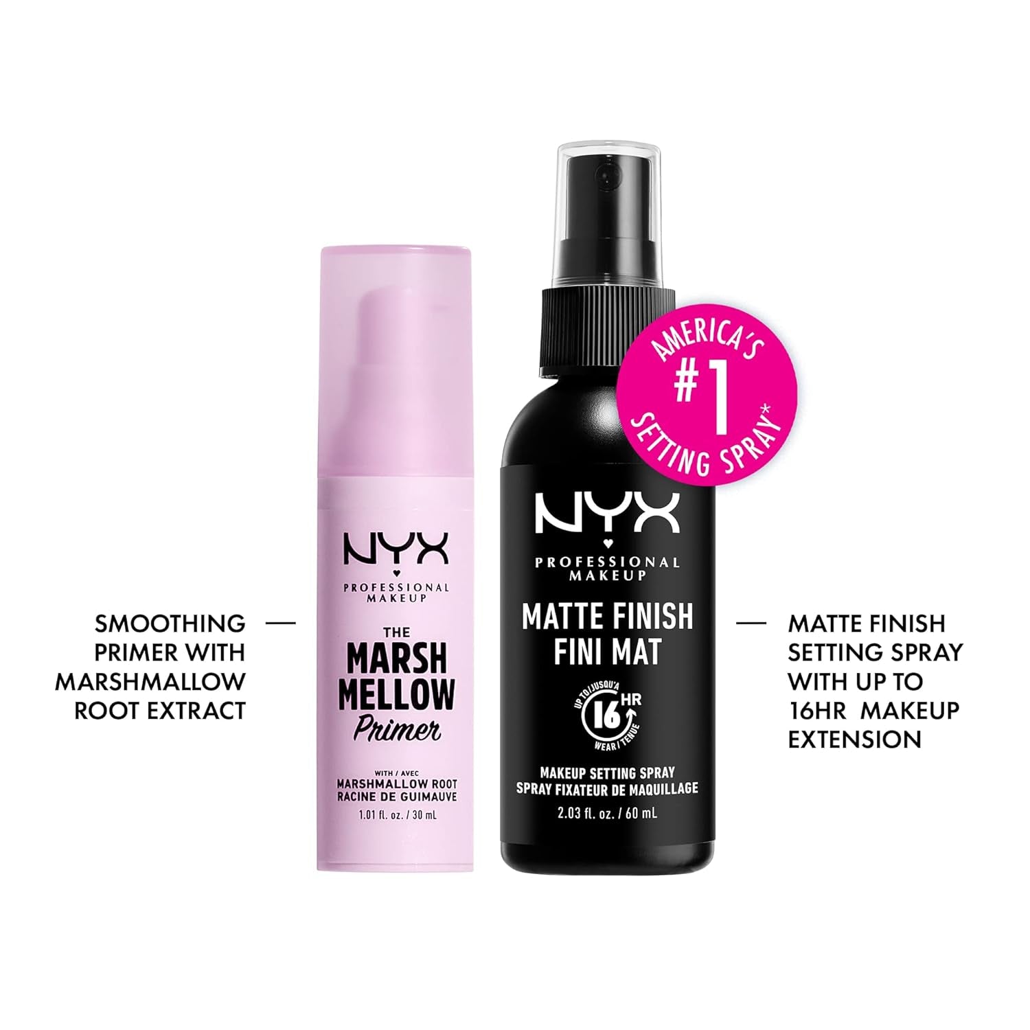 Marshmellow Smoothing Primer + Makeup Setting Spray, Matte Finish, Long-Lasting Face Mist for up to 16HR Wear (Pack of 2)