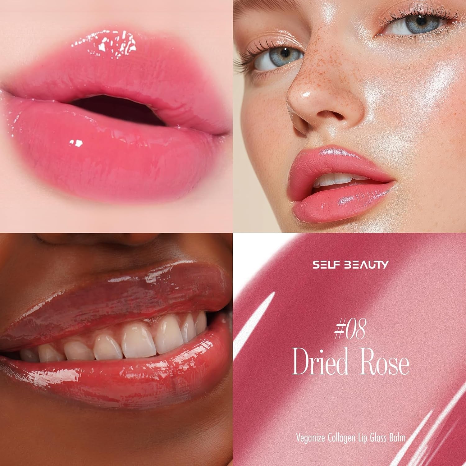 Self Beauty  Collagen Lip Glass Balm - Hydrating Lip W/Hyaluronic Acid - Vegan Korean Lip Balm Moisturizing Lip Care – Lip Gloss Repair for Dry Cracked Lips 0.06 Oz (#8 Dried Rose)