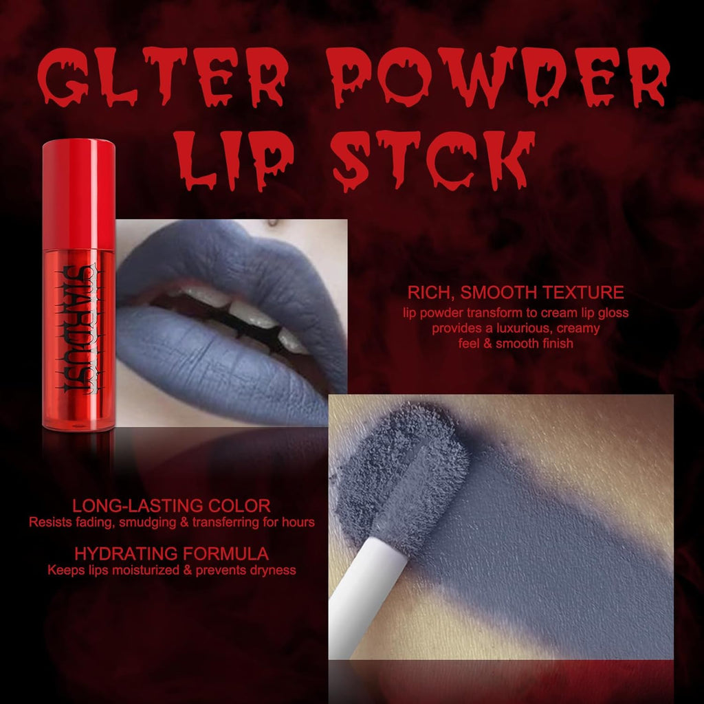 Halloween Fake Blood Makeup Kit Black Eyeshadow Grey Blue Lipstick Red French Press on Nails Realistic Vampire Blood for Eyes Mouth Nose Face Teeth Body Zombie SFX Cosplay Dress up Accessories