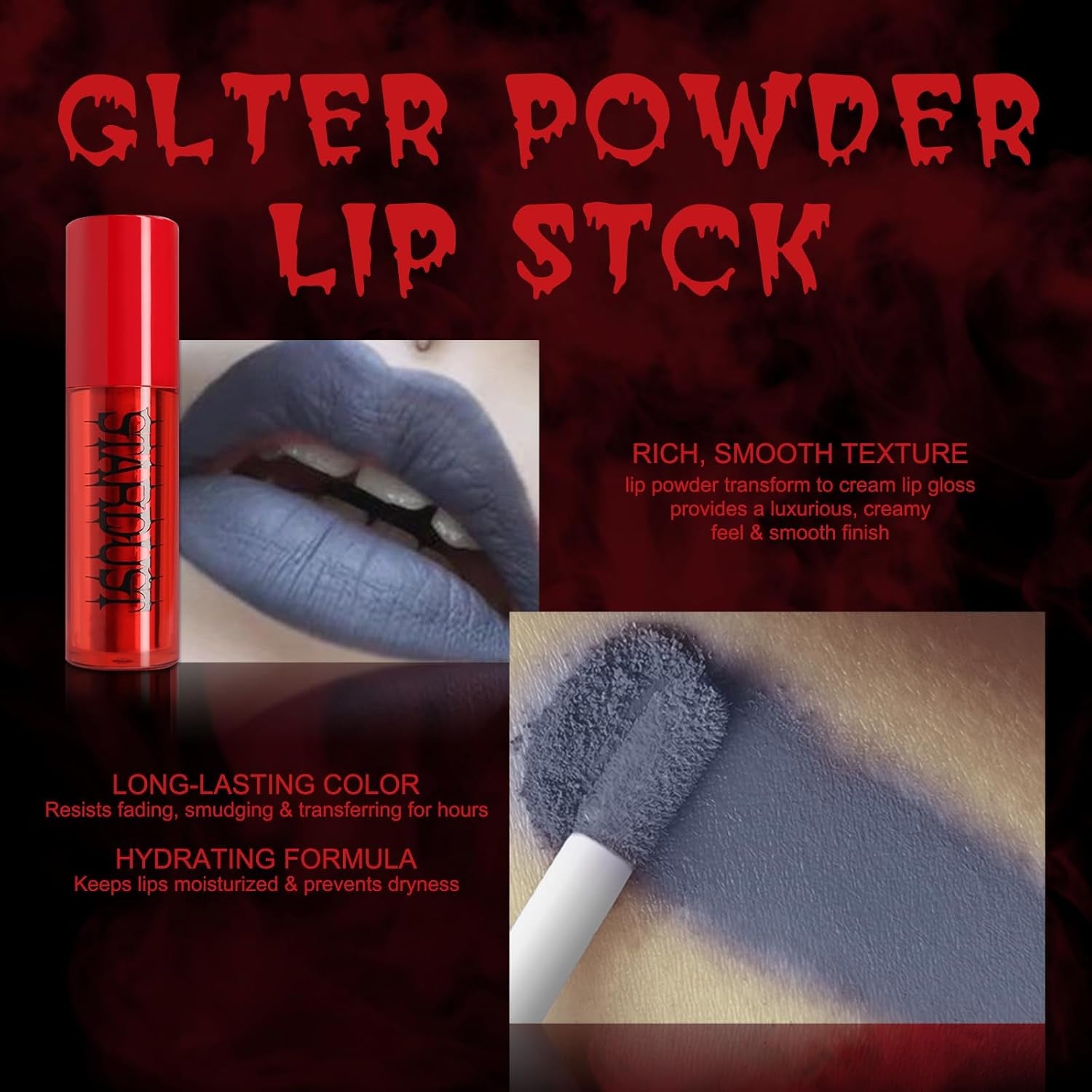 Halloween Fake Blood Makeup Kit Black Eyeshadow Grey Blue Lipstick Red French Press on Nails Realistic Vampire Blood for Eyes Mouth Nose Face Teeth Body Zombie SFX Cosplay Dress up Accessories