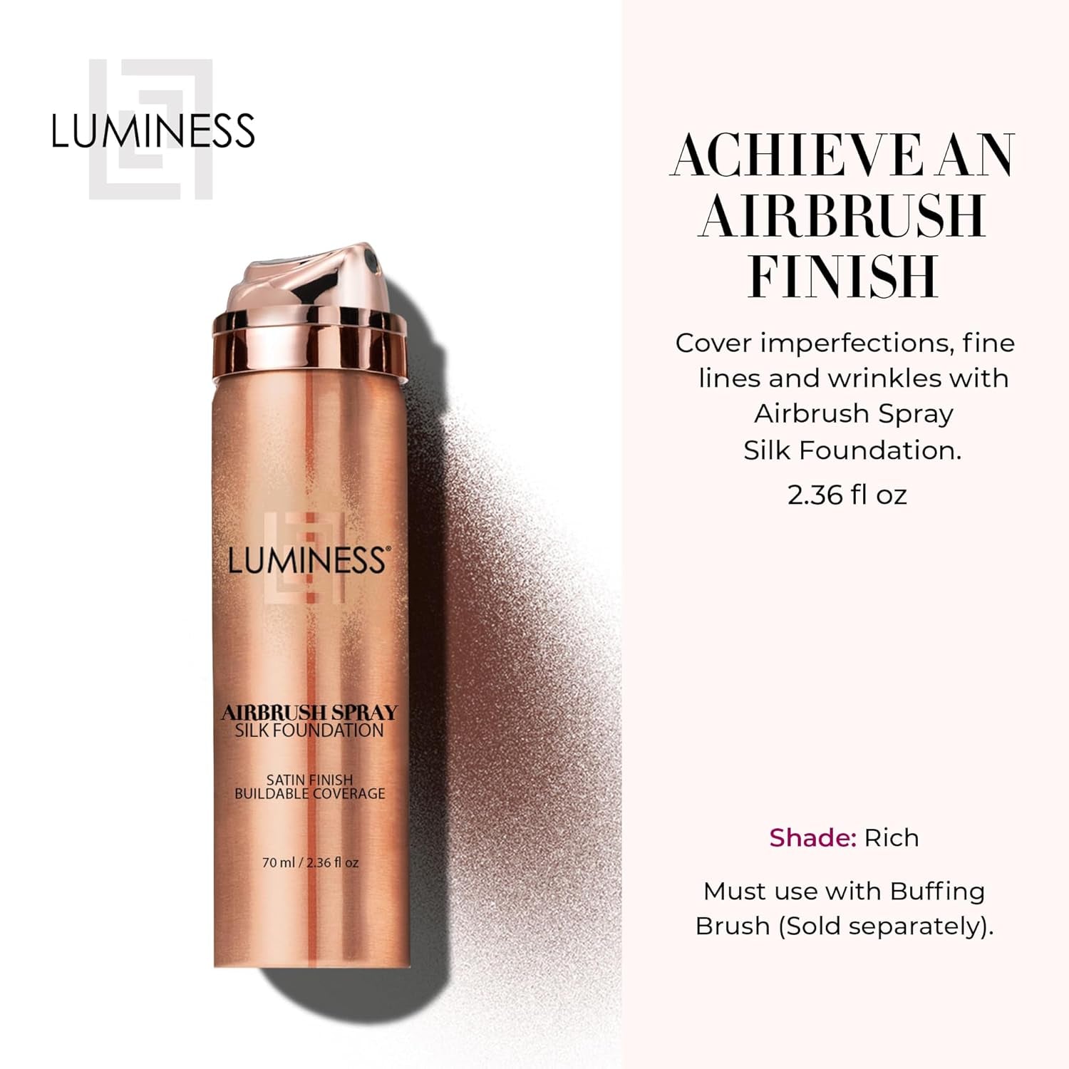Silk Airbrush Spray Foundation - Full Coverage Foundation - Formula Hydrates & Moisturizes with Hyaluronic Acid, Aloe Vera & Hydrolyzed Silk (Shade - Rich)