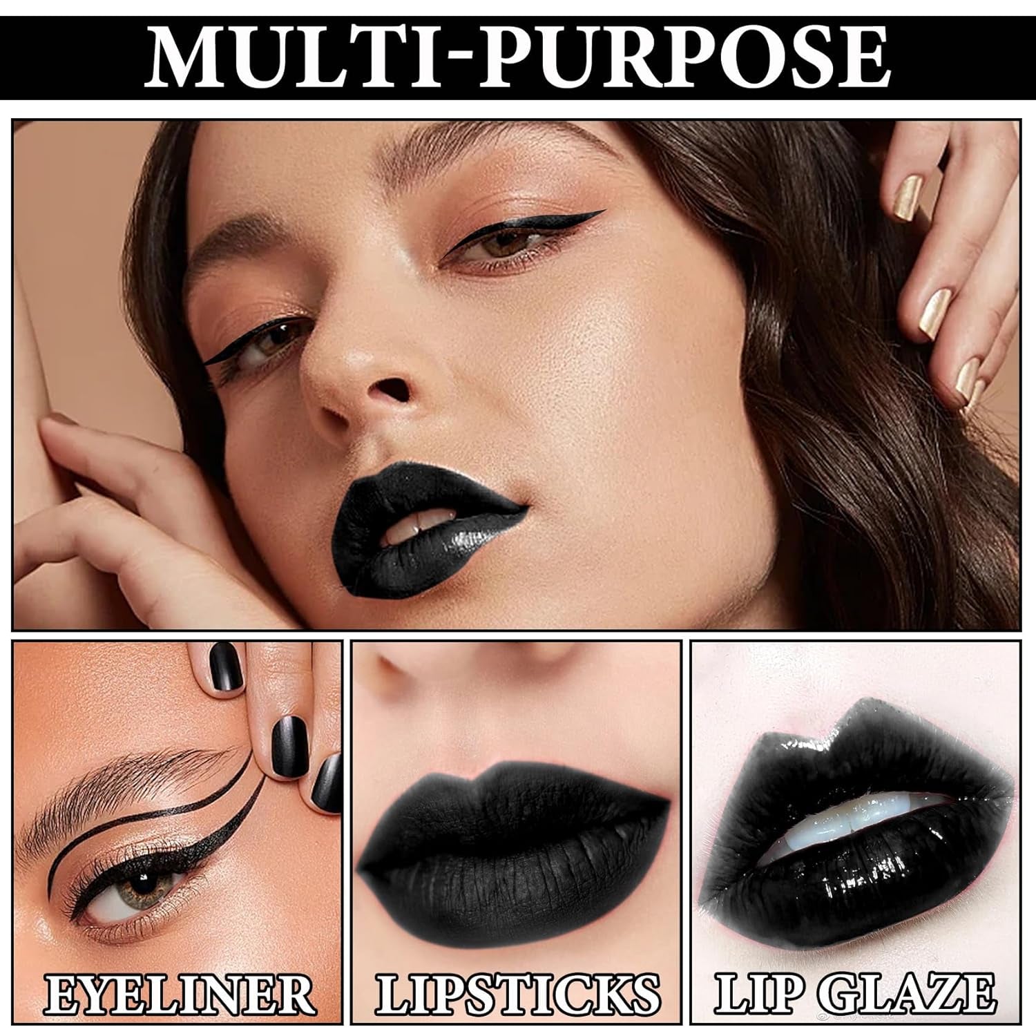 Black Matte Liquid Lipstick,3 in 1 Black Lip Liner and Lipstick Set,Matte Lip Gloss Long Lasting Moisturizing Velvet Lipgloss Make up Gift Set Cosplay Goth Halloween Special Effects Makeup Kit