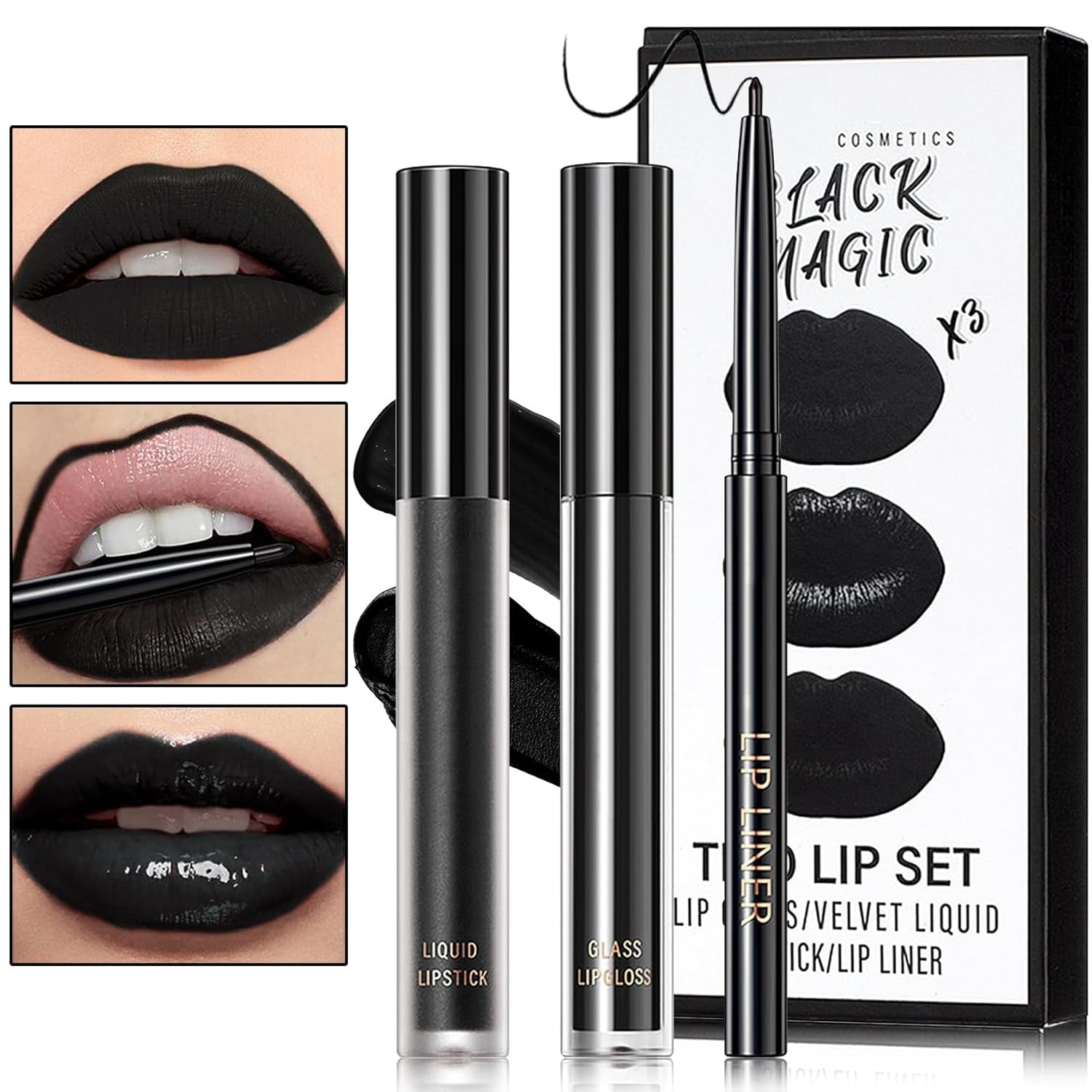 Black Matte Liquid Lipstick,3 in 1 Black Lip Liner and Lipstick Set,Matte Lip Gloss Long Lasting Moisturizing Velvet Lipgloss Make up Gift Set Cosplay Goth Halloween Special Effects Makeup Kit