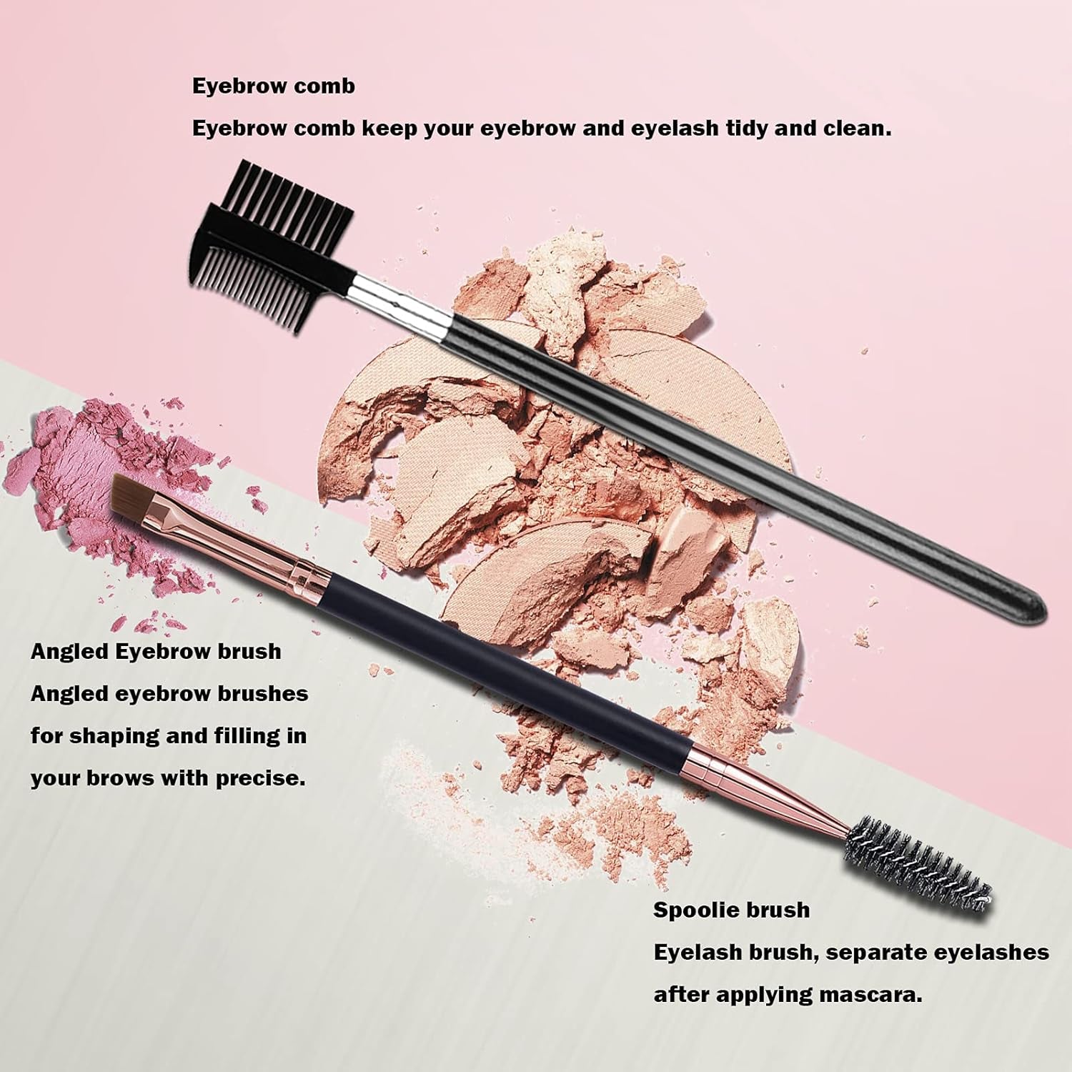 Duo Eyebrow Brush and Eyelash Comb Set - Professional Angled Eye Brow and Spoolie Brush (Black+Black)