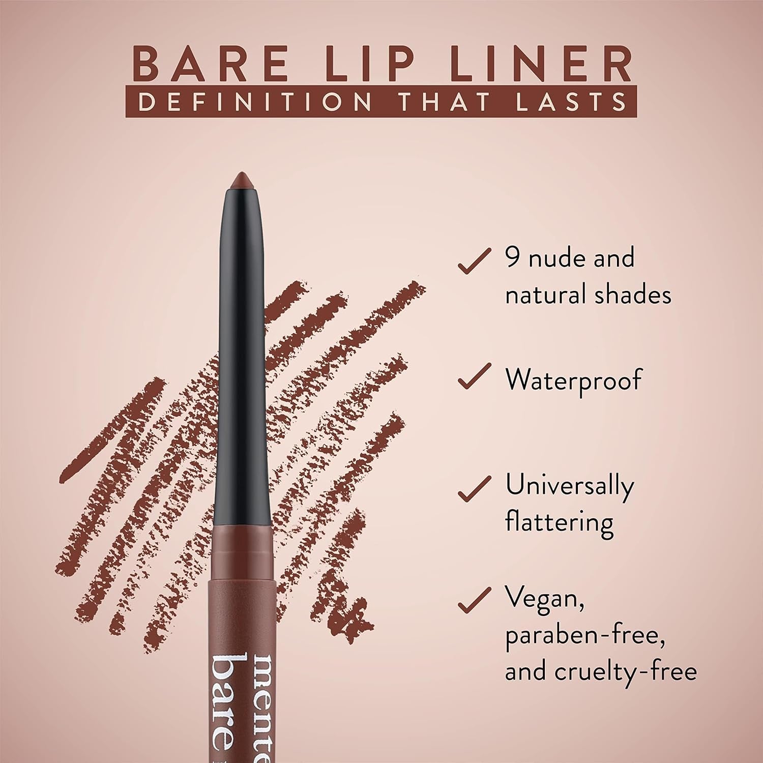 Cosmetics Lip Liner for Women, Dark Brown Lipliner Lip Pencil, Waterproof Lipliner, Vegan + Cruelty Free Makeup, Bare