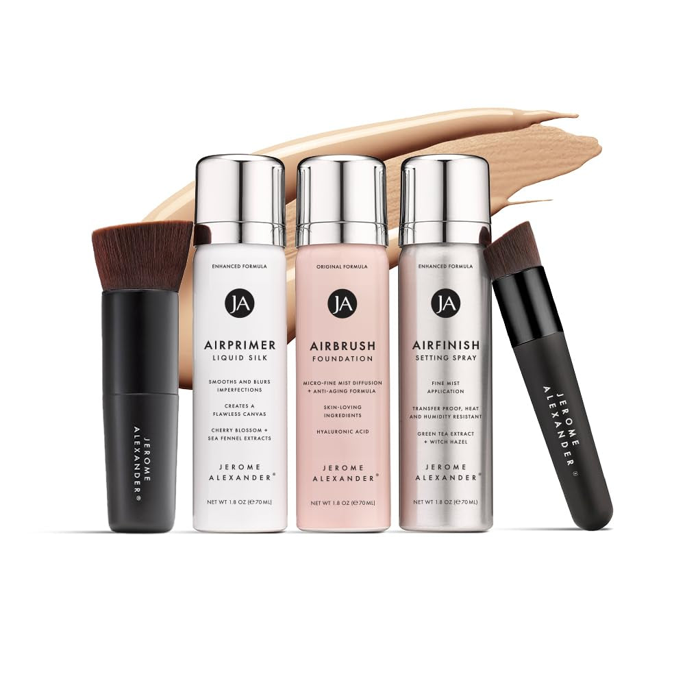Magicminerals Airbrush Foundation Set by  - Complete 5Pc Spray Makeup Set with Foundation, Primer, and Setting/Finishing Spray - for Smooth, Radiant Skin (Warm Beige)