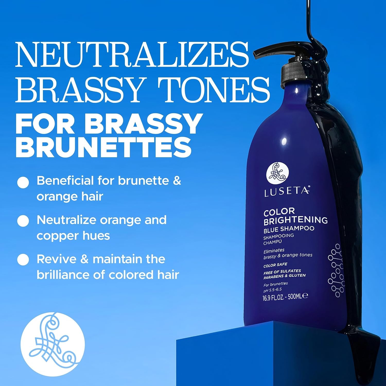 Luseta Color Brightening Blue Shampoo for Brunettes and Brassy Orange Tones, Hair Care Routine Shmapoo for Color Treated Hair, Revive Cool-Toned Hair Colors, Sulfate Free 33.8Oz