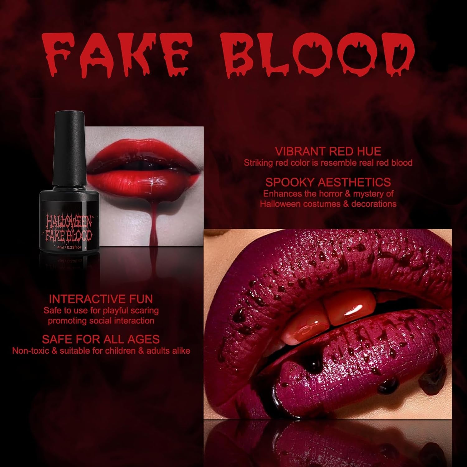 Halloween Fake Blood Makeup Kit Black Eyeshadow Grey Blue Lipstick Red French Press on Nails Realistic Vampire Blood for Eyes Mouth Nose Face Teeth Body Zombie SFX Cosplay Dress up Accessories