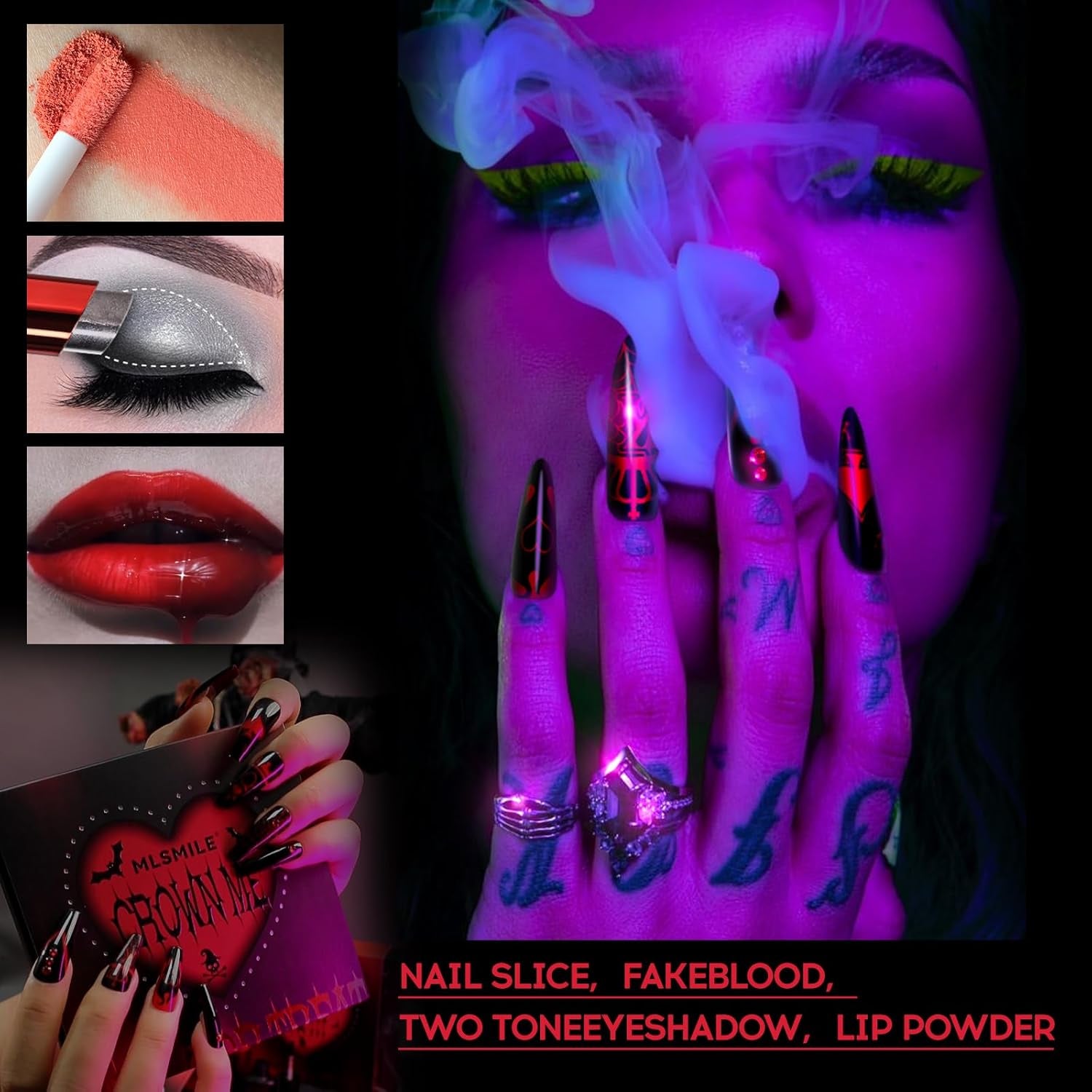 4 Set Matte Soft Mist Halloween Vampire Lipstick Powder, Nail Slice, Fakeblood, Two Tone Eyeshadow for Sports Halloween Birthday Party Clown Makeup Sets (Set A)