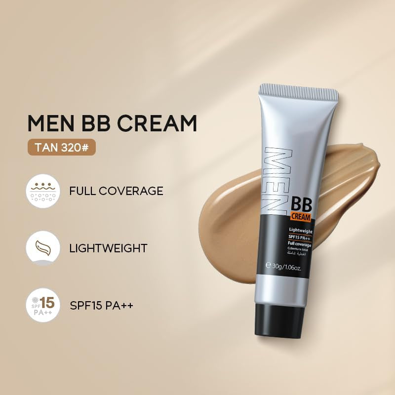 Hydrating Men BB Cream SPF 15 PA++, Full-Coverage Foundation&Concealer, Mens Face Moisturizer Cream Evens Skin Tone, Oil Control and Cover Flaws, Natural Finish for All Skin Types, Chocolate 420