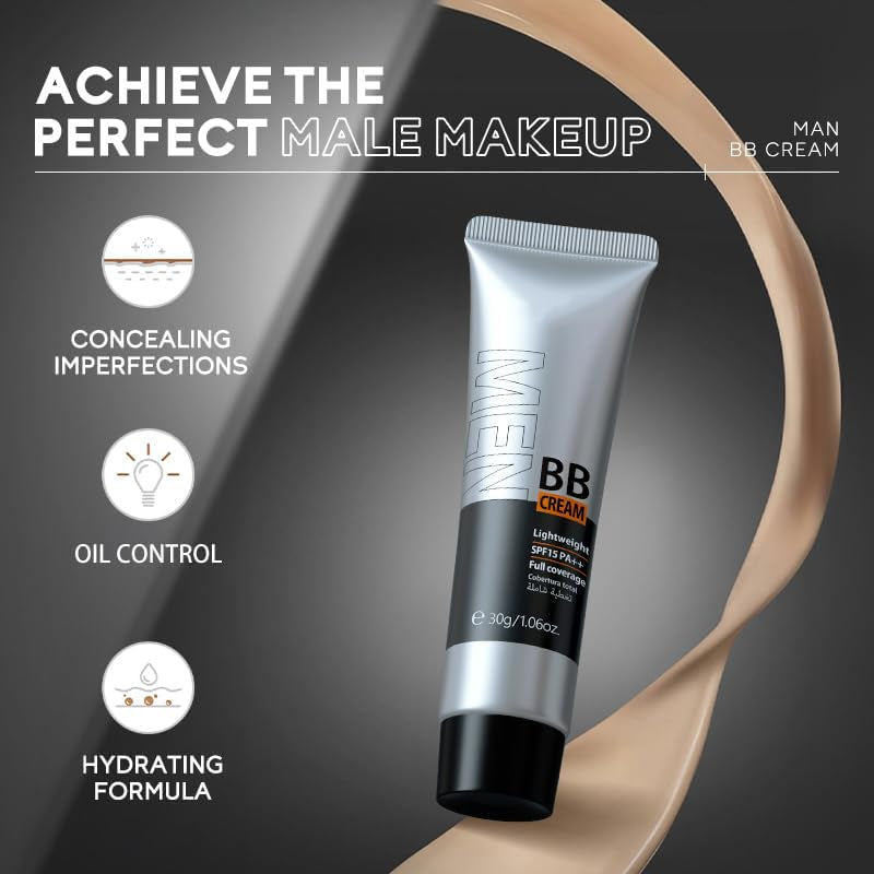 Hydrating Men BB Cream SPF 15 PA++, Full-Coverage Foundation&Concealer, Mens Face Moisturizer Cream Evens Skin Tone, Oil Control and Cover Flaws, Natural Finish for All Skin Types, Chocolate 420