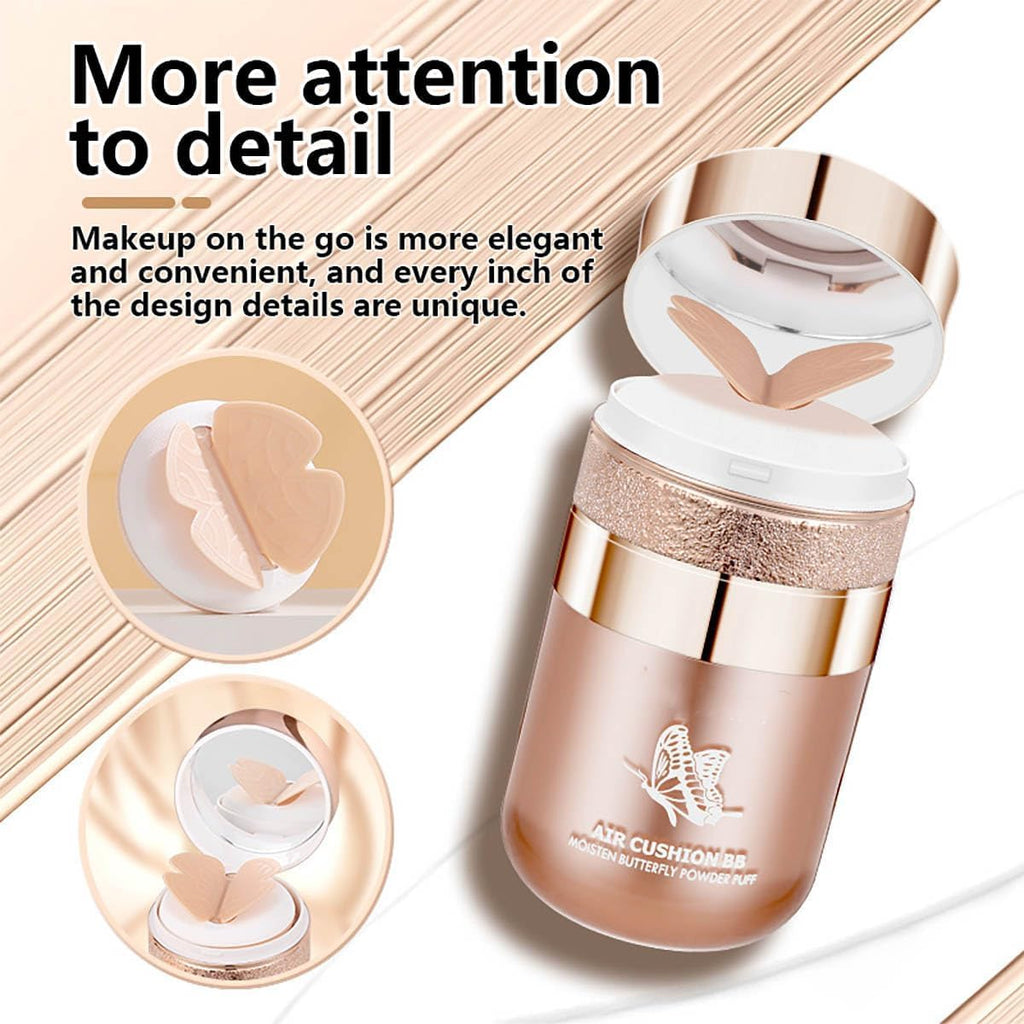 Butterfly Air Cushion Powder Puff BB Cream, Korean Butterfly Cushion CC Cream, Moisturizing Concealer Makeup Base BB Liquid Foundation (2Pcs Natural)