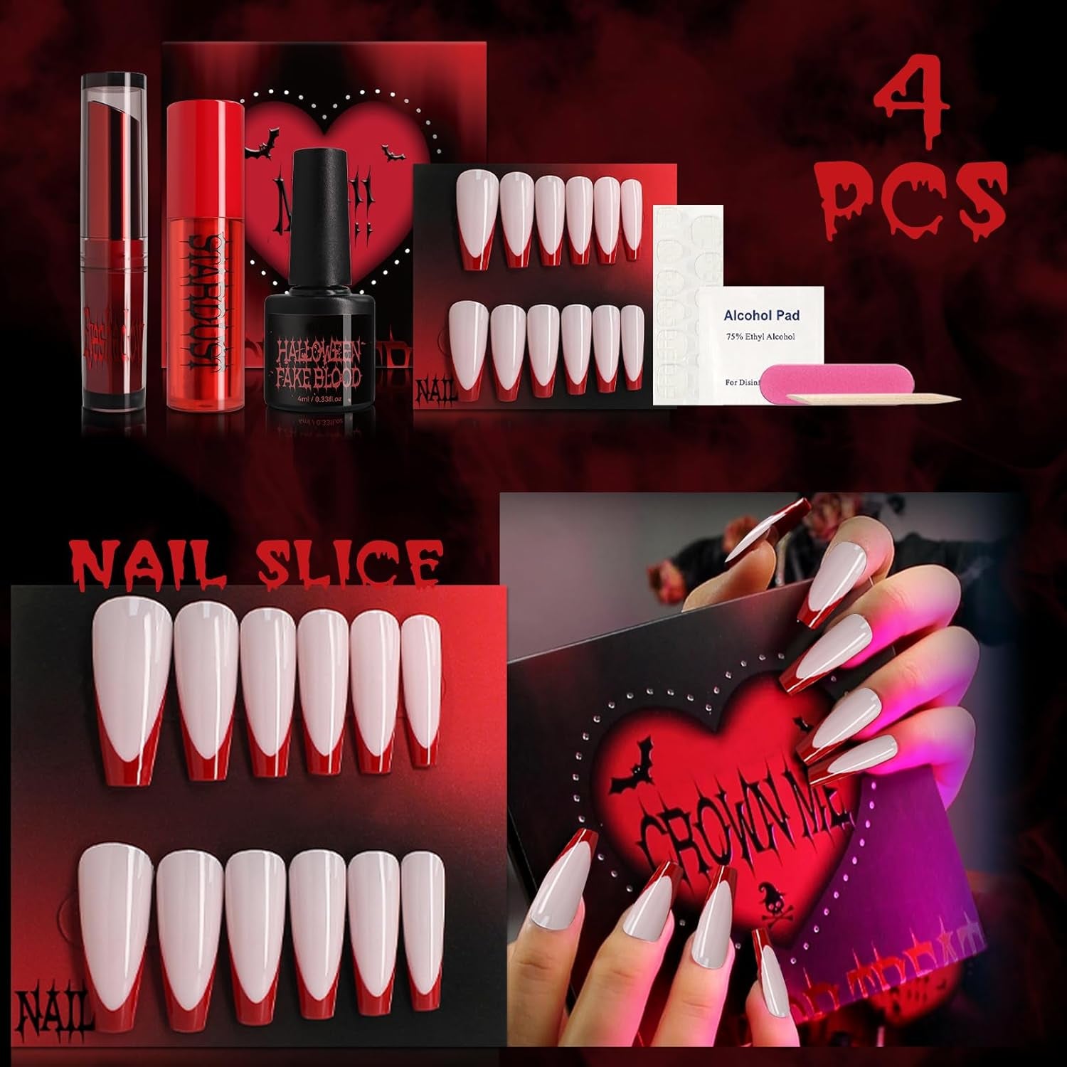 Halloween Fake Blood Makeup Kit Black Eyeshadow Grey Blue Lipstick Red French Press on Nails Realistic Vampire Blood for Eyes Mouth Nose Face Teeth Body Zombie SFX Cosplay Dress up Accessories