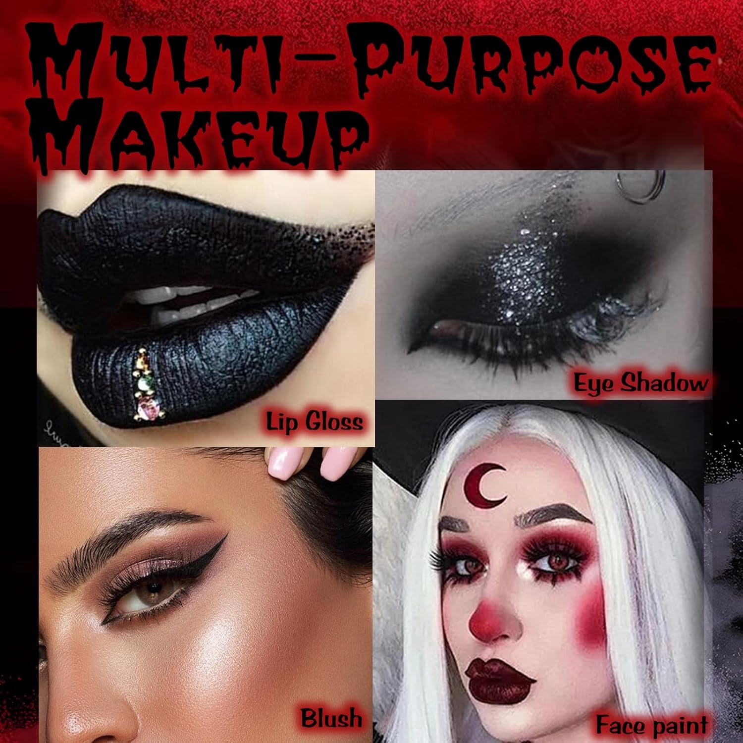 Blood Red Lipstick Black Grey Blue Halloween Makeup Kit, 3 Colors Matte Melting Lip Powder Cream Lip Gloss Glitter for Women Long Lasting Highly Pigmented Lips Eyes & Cheeks Tint Goth Cosplay