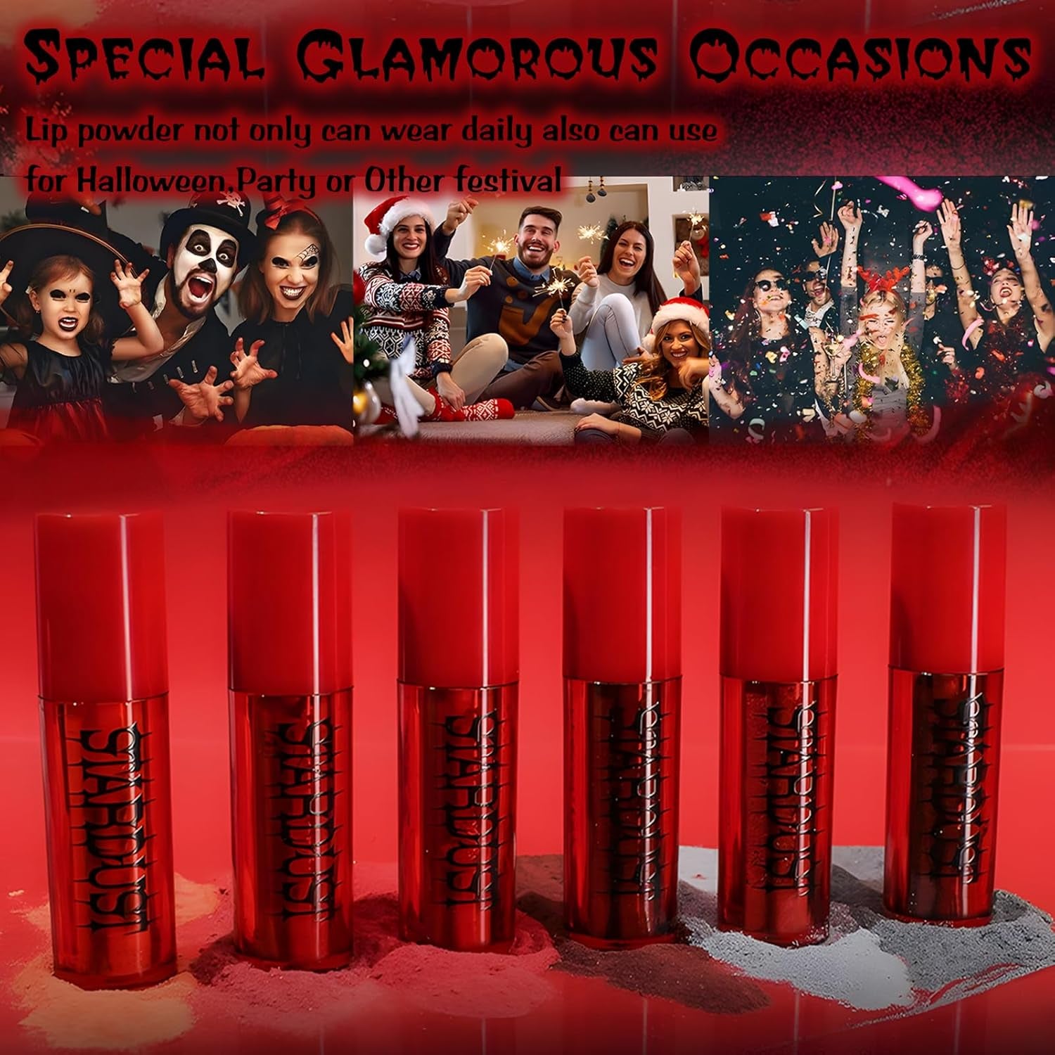 Blood Red Lipstick Black Grey Blue Halloween Makeup Kit, 3 Colors Matte Melting Lip Powder Cream Lip Gloss Glitter for Women Long Lasting Highly Pigmented Lips Eyes & Cheeks Tint Goth Cosplay