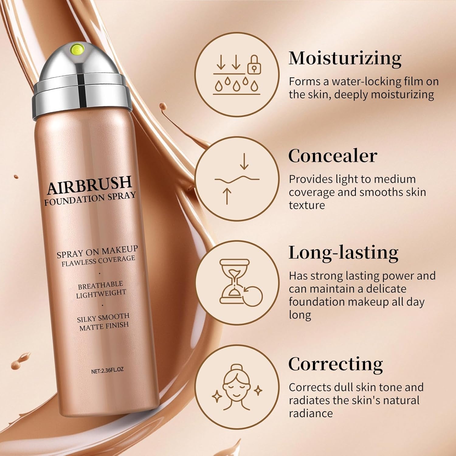 Airbrush Foundation Spray,Hydrates and Moisturizes,Silk Lightweight,Waterproof Foundation for Mature Skin,Buildable Coverage,Base De Maquillaje (01 Natural)