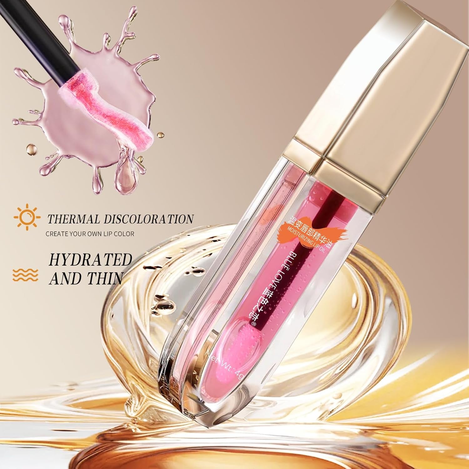 Color Changing Lip Oil - Moisturizing & Non-Sticky Lip Gloss with Fresh Texture, Hydrating Tinted Lip Balm for Plumping & Long-Lasting Shine for Women (Peach Oolong)