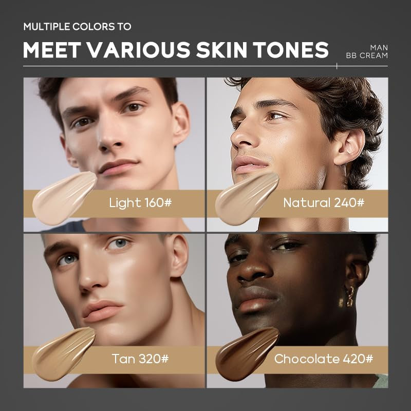 Hydrating Men BB Cream SPF 15 PA++, Full-Coverage Foundation&Concealer, Mens Face Moisturizer Cream Evens Skin Tone, Oil Control and Cover Flaws, Natural Finish for All Skin Types, Chocolate 420