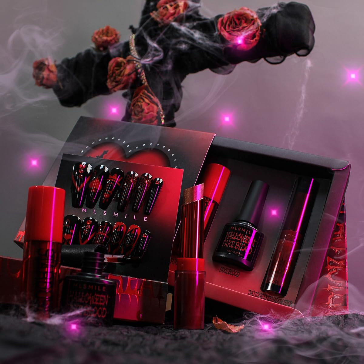 4 Set Matte Soft Mist Halloween Vampire Lipstick Powder, Nail Slice, Fakeblood, Two Tone Eyeshadow for Sports Halloween Birthday Party Clown Makeup Sets (Set A)