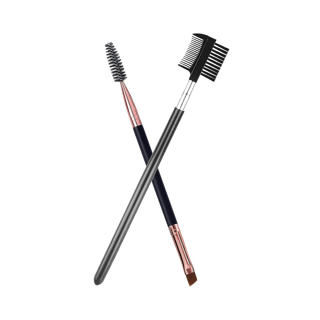 Duo Eyebrow Brush and Eyelash Comb Set - Professional Angled Eye Brow and Spoolie Brush (Black+Black)