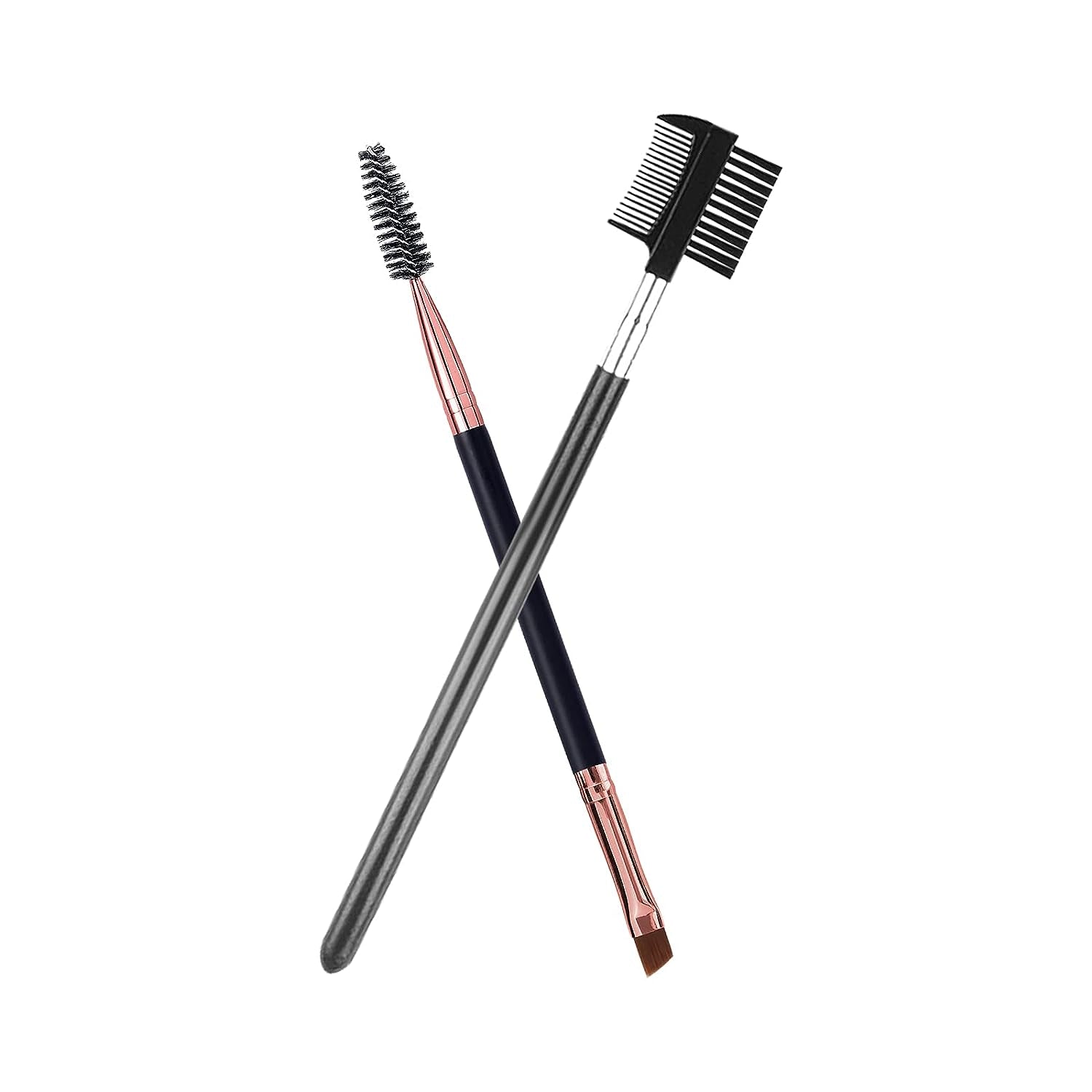 Duo Eyebrow Brush and Eyelash Comb Set - Professional Angled Eye Brow and Spoolie Brush (Black+Black)