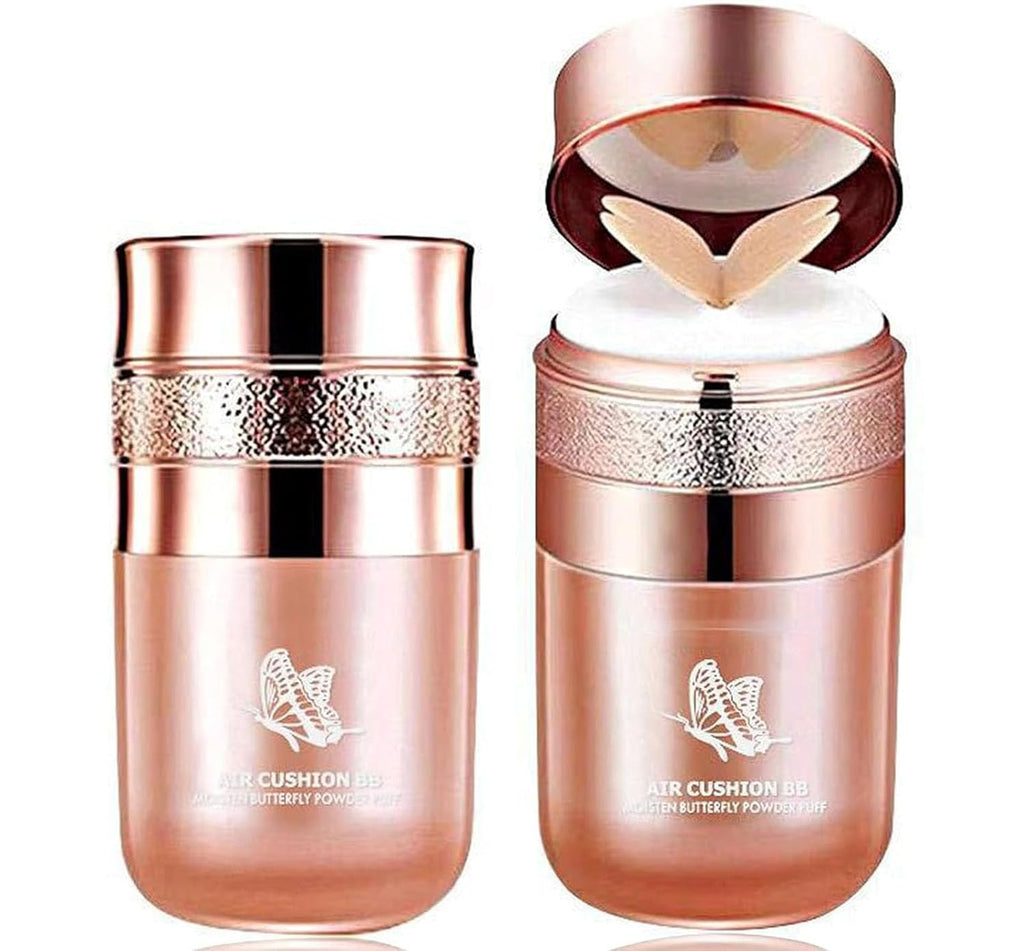 Butterfly Air Cushion Powder Puff BB Cream, Korean Butterfly Cushion CC Cream, Moisturizing Concealer Makeup Base BB Liquid Foundation (2Pcs Natural)