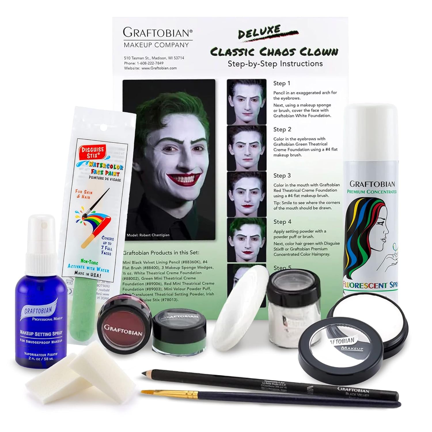 Classic Chaos Clown Makeup Kit - Complete 11-Piece Set for Scary Jester or Clown Costume - Deluxe Face Paint with Full Color Instructions Included, Perfect for Cosplaying and Halloween