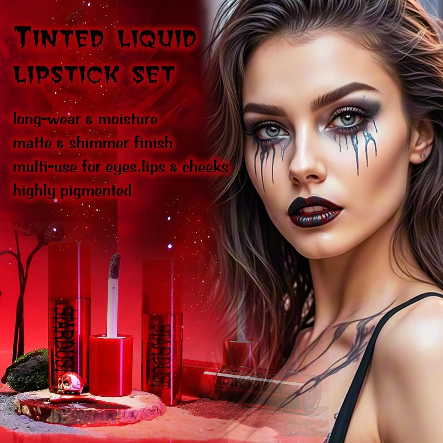 Blood Red Lipstick Black Grey Blue Halloween Makeup Kit, 3 Colors Matte Melting Lip Powder Cream Lip Gloss Glitter for Women Long Lasting Highly Pigmented Lips Eyes & Cheeks Tint Goth Cosplay