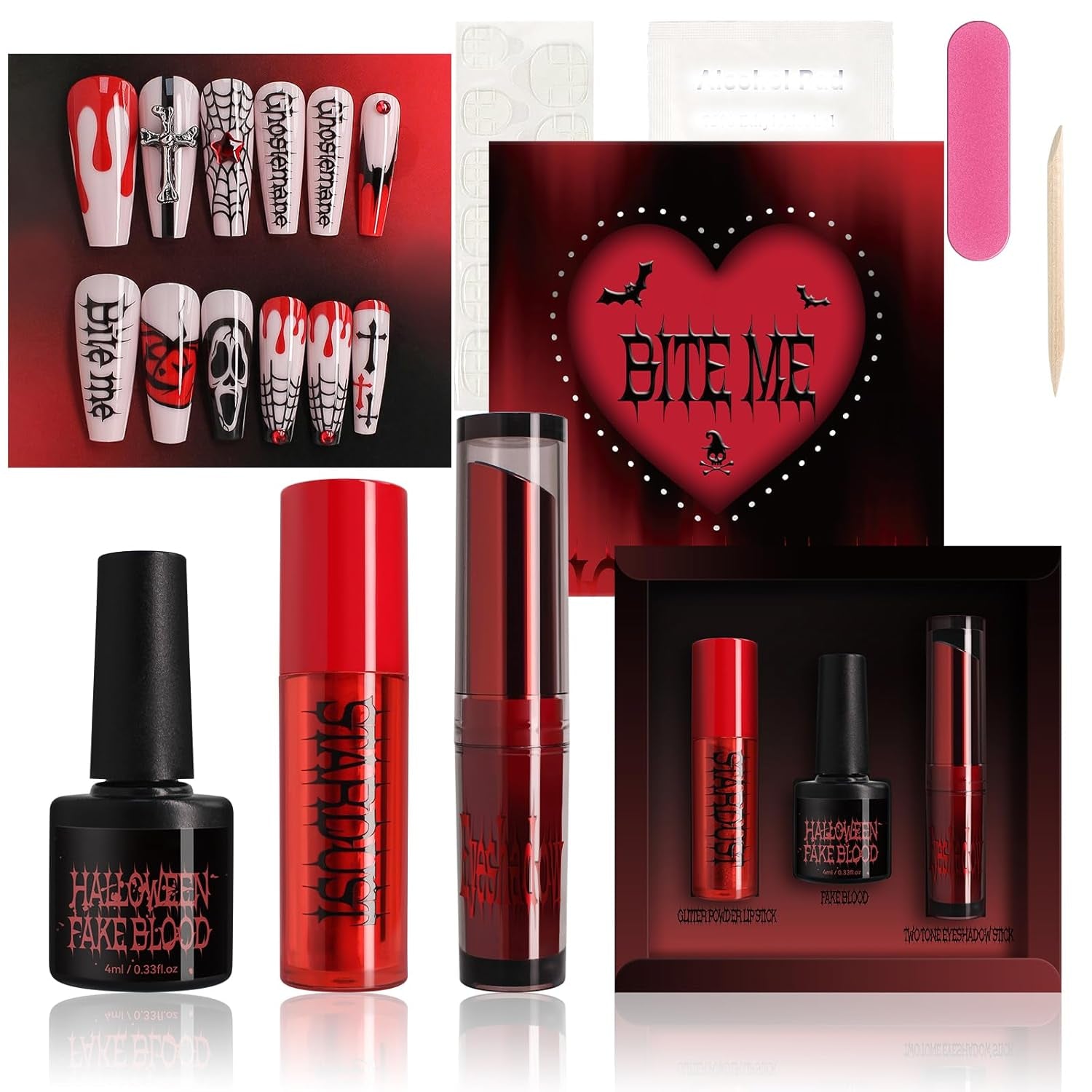 4 Set Matte Soft Mist Halloween Vampire Lipstick Powder, Nail Slice, Fakeblood, Two Tone Eyeshadow for Sports Halloween Birthday Party Clown Makeup Sets (Set A)