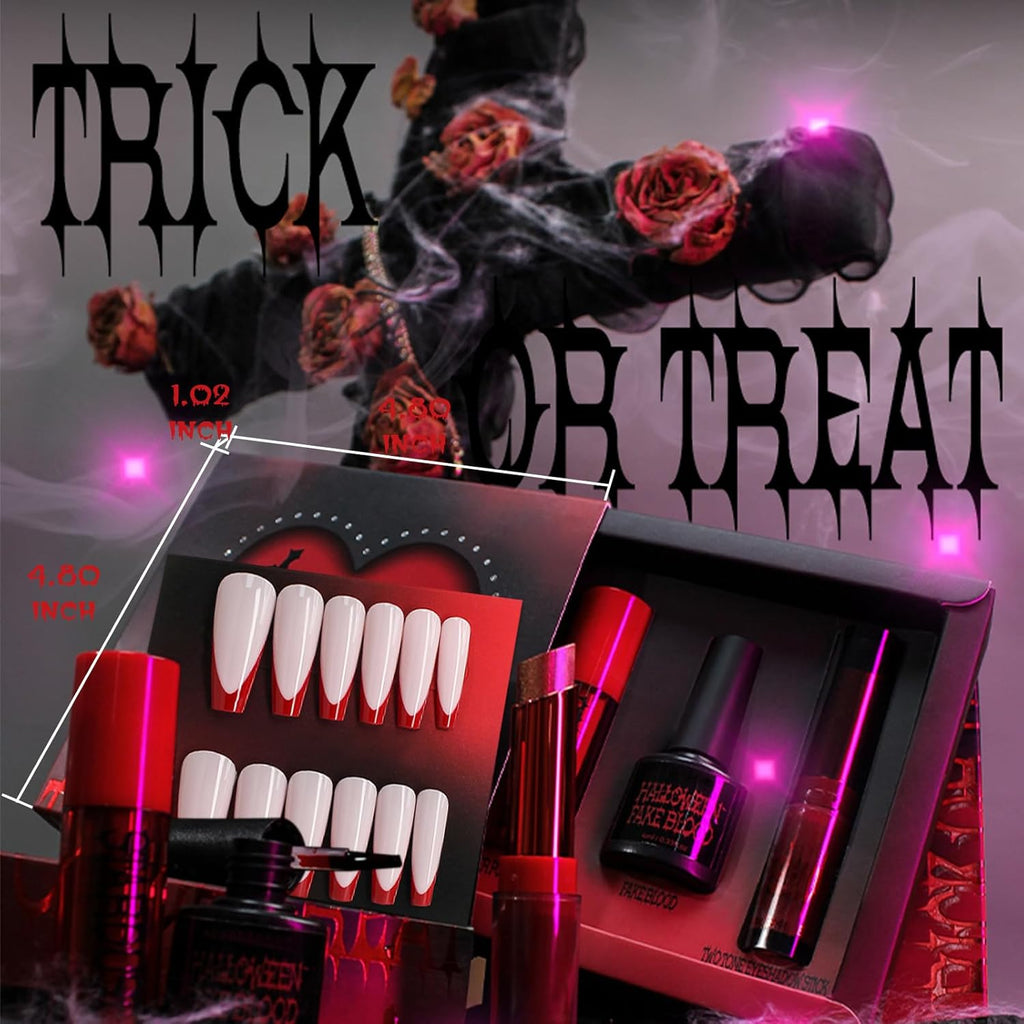 Halloween Fake Blood Makeup Kit Black Eyeshadow Grey Blue Lipstick Red French Press on Nails Realistic Vampire Blood for Eyes Mouth Nose Face Teeth Body Zombie SFX Cosplay Dress up Accessories