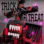 Halloween Fake Blood Makeup Kit Black Eyeshadow Grey Blue Lipstick Red French Press on Nails Realistic Vampire Blood for Eyes Mouth Nose Face Teeth Body Zombie SFX Cosplay Dress up Accessories