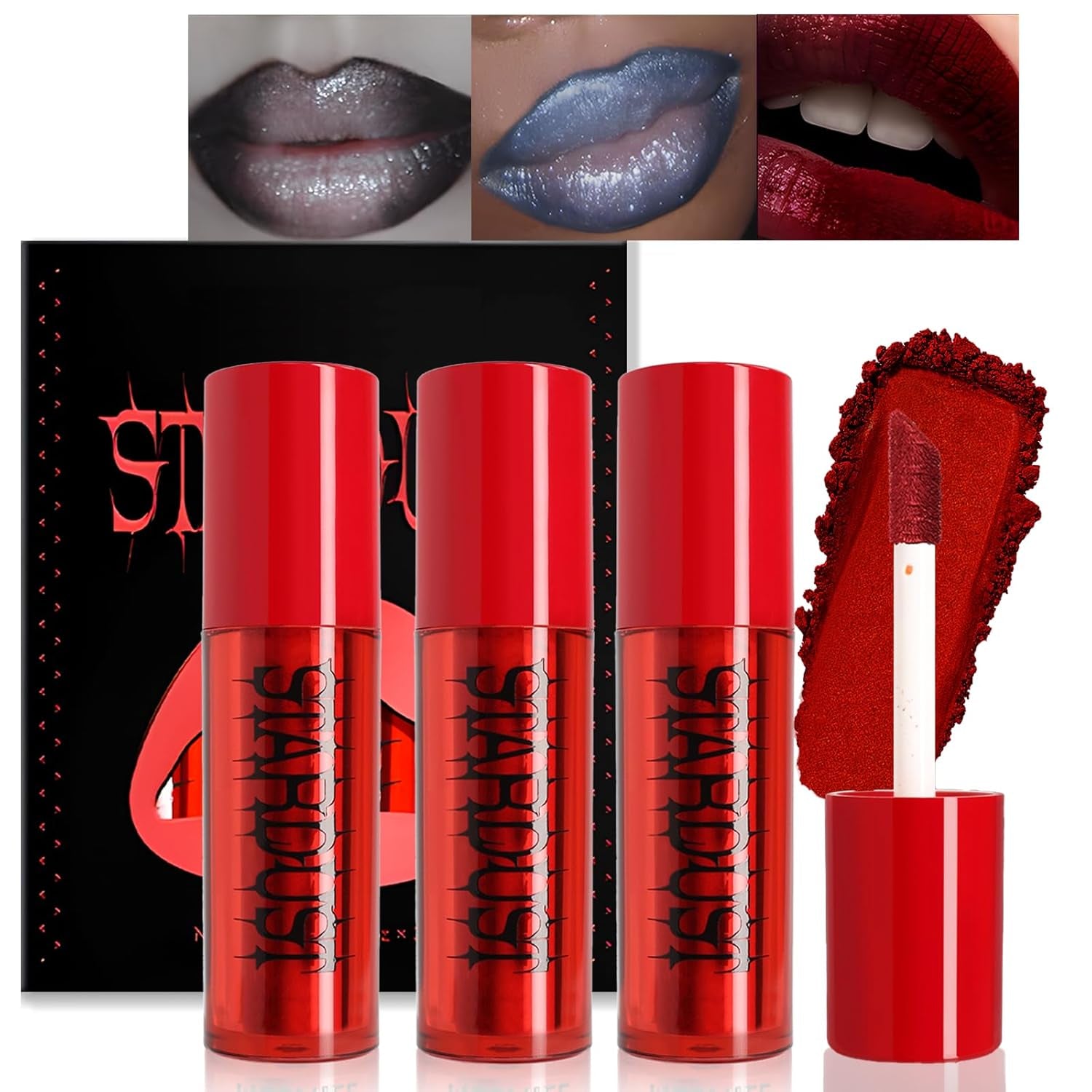 Blood Red Lipstick Black Grey Blue Halloween Makeup Kit, 3 Colors Matte Melting Lip Powder Cream Lip Gloss Glitter for Women Long Lasting Highly Pigmented Lips Eyes & Cheeks Tint Goth Cosplay