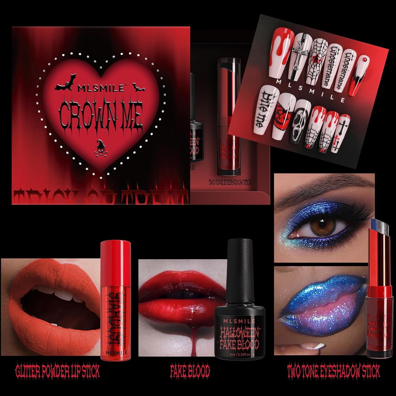 4 Set Matte Soft Mist Halloween Vampire Lipstick Powder, Nail Slice, Fakeblood, Two Tone Eyeshadow for Sports Halloween Birthday Party Clown Makeup Sets (Set A)