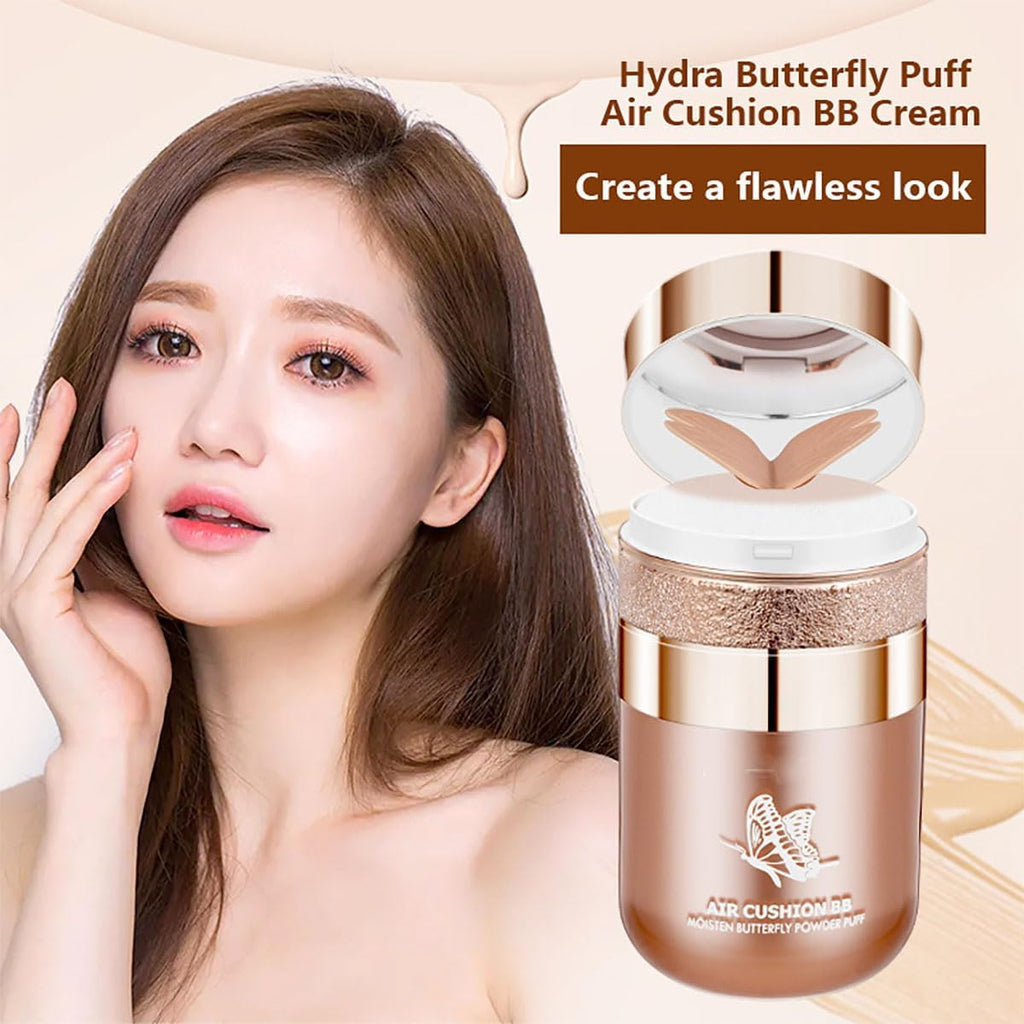 Butterfly Air Cushion Powder Puff BB Cream, Korean Butterfly Cushion CC Cream, Moisturizing Concealer Makeup Base BB Liquid Foundation (2Pcs Natural)