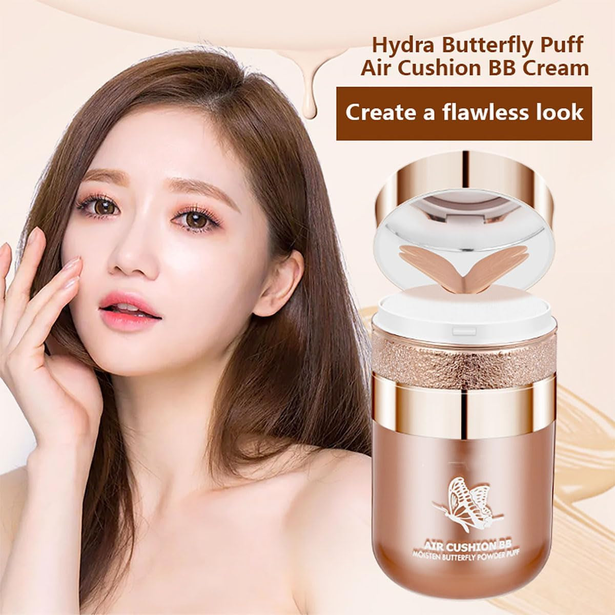 Butterfly Air Cushion Powder Puff BB Cream, Korean Butterfly Cushion CC Cream, Moisturizing Concealer Makeup Base BB Liquid Foundation (2Pcs Natural)