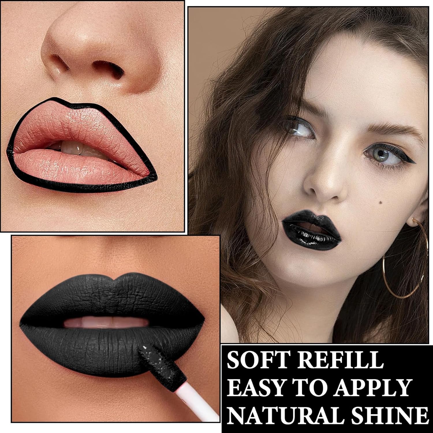 Black Matte Liquid Lipstick,3 in 1 Black Lip Liner and Lipstick Set,Matte Lip Gloss Long Lasting Moisturizing Velvet Lipgloss Make up Gift Set Cosplay Goth Halloween Special Effects Makeup Kit