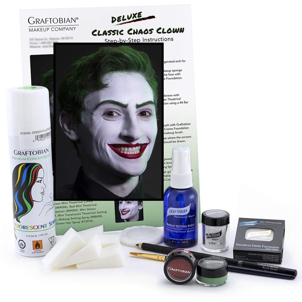 Classic Chaos Clown Makeup Kit - Complete 11-Piece Set for Scary Jester or Clown Costume - Deluxe Face Paint with Full Color Instructions Included, Perfect for Cosplaying and Halloween